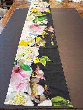 Ted Baker Black Floral Silk Scarf Runner with Pink White Yellow Green Accents